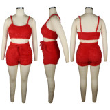 Women's Solid Color 2Pcs Plush Clothes Set Low Neck Straps Crop Tops with High Waist Short