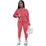 Women's Printed 2 Piece Outfit Colorblock Patchwork Varsity Jacket Bodycon Long Pants Sweatsuit Set