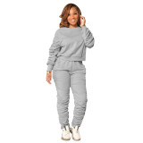 Women Crew Neck Long Sleeve Solid Draped Bodycon Sport Club Outfits 2pc