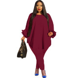Women's 2 Piece Outfits Plus Size Casual Ruffle Sleeve Top Stacked Bodycon Pants Set