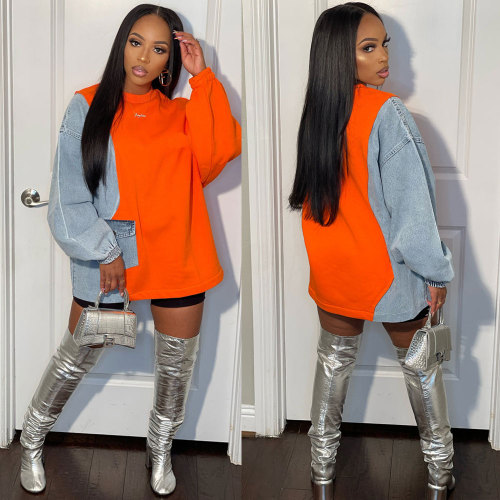 Orange Fashion Solid Color Loose Long Sleeve Sweatshirt