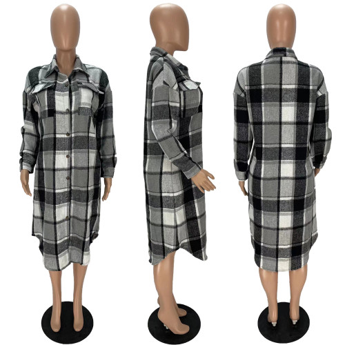 Young Office Lady Shaggy Plaid Pocket Drop Shoulder Long Outwears