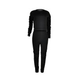 Women Crew Neck Long Sleeve Solid Draped Bodycon Sport Club Outfits 2pc