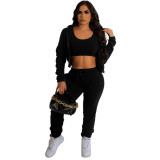 Solid Color Fleece Zipper Pocketed Jacket Vest Trousers Three Piece Set