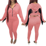 Solid Color Zipper Hooded Track Pants Set with Fringed