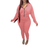 Solid Color Zipper Hooded Track Pants Set with Fringed