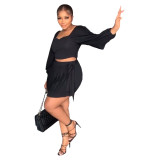 Women Plus Size Set Solid Crop Tops Pleated Skirts Two 2 Piece Set Tracksuit Fashion Outfit