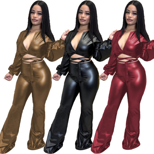 Amazon Hot Sale Autumn Women's Leather Sexy Bandage Two Piece