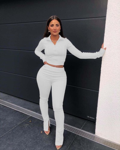 Fashionable Casual Turndown Neck Zip Up Top & Slits Trousers