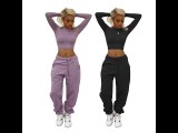 Casual Sports Cold Shoulder Crop Top Trousers Two Piece Set