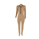 Womens Casual Zip-Up Long Sleeve Solid Color Ruched Bodycon Jumpsuit