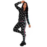 Autumn Winter Casual Trendy Brand Zipper Printed Jacket Lonng Pant 2 Pieces