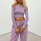 Casual Sports Cold Shoulder Crop Top Trousers Two Piece Set