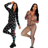 Autumn Winter Casual Trendy Brand Zipper Printed Jacket Lonng Pant 2 Pieces
