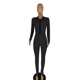 Womens Casual Zip-Up Long Sleeve Solid Color Ruched Bodycon Jumpsuit