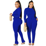 Womens Casual O Neck Long Sleeve Ruched Solid Color Bodycon Two Pieces