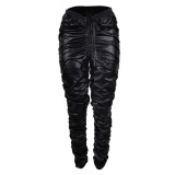 Solid Color PU Leather Stacked Trousers Women Faux Leather Pants