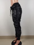 Solid Color PU Leather Stacked Trousers Women Faux Leather Pants