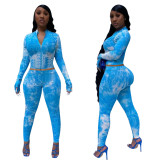 Womens Pit Ribbed Tie-dye Printed Casual Long Sleeve Zipper Bodycon 2 Pieces with Gloves