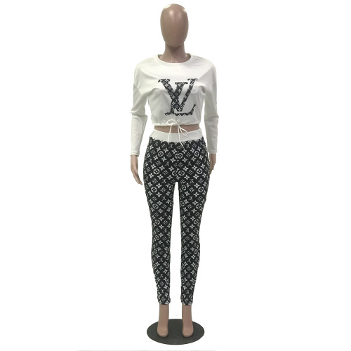 Autumn Fashion Printed Letter Pullover Top and Trousers Two Pieces