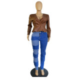 Solid Color V Neck Faux Leather Ruffle Bottom Jacket