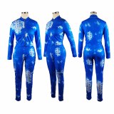 Womens Pit Ribbed Tie-dye Printed Casual Long Sleeve Zipper Bodycon 2 Pieces with Gloves