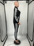 Casual Stripe Zip Up Printed Sweatshirt & Drawstring Pants Set Without Tank Top