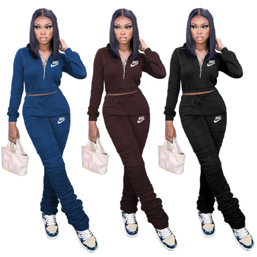 Women's Tracksuit Set Letter Embroidery Sweatshirt and Ruched Pants Suit