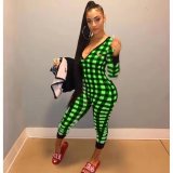 Sexy Printed V Neck Plaid Embroidered Puppy Jumpsuit