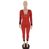 Sexy Printed V Neck Plaid Embroidered Puppy Jumpsuit