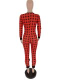 Sexy Printed V Neck Plaid Embroidered Puppy Jumpsuit