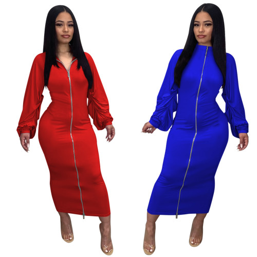 Autumn Ruched Long Sleeve Women Clothing Zipper Up Bodycon Long Dresses