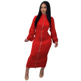 Autumn Ruched Long Sleeve Women Clothing Zipper Up Bodycon Long Dresses