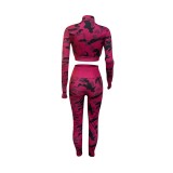 Ladies Camouflage Suit Finger Cots Printed Camouflage Stitching Short Top + Tight Pants Suit