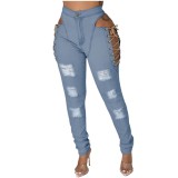 Women Jeans Ripped Cut Out Hollow Out Stretchy Pencil Denim Trousers