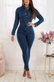 Womens Juniors Washed Denim Long Sleeve Button Up Jumpsuit