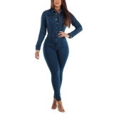 Womens Juniors Washed Denim Long Sleeve Button Up Jumpsuit
