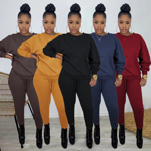 Solid Color Winter Thick Pullover Sweatshirt Two Piece Set