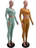 Solid Color Pit Low Collar Tops And Skinny Pant Two Piece Set