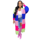 Womens Long Sleeve Color Contrast Knit Long Cardigan Sweaters Coats