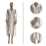 Solid Color Manual Knitted Sheer Fringed Dress