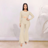 Solid Jacquard Crop Tops And Sling Flare Jumpsuit Two Piece Set