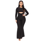 Solid Jacquard Crop Tops And Sling Flare Jumpsuit Two Piece Set