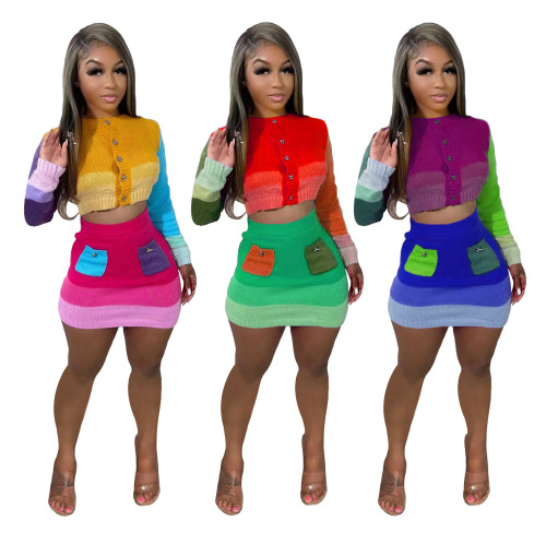 Autumn Knit Color Contrast Patchwork Long Sleeve Crop Top And Skirt Sets Female Matching Set
