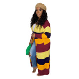 Casual Color Contrast Hand Knitted Long Cardigan Sweater