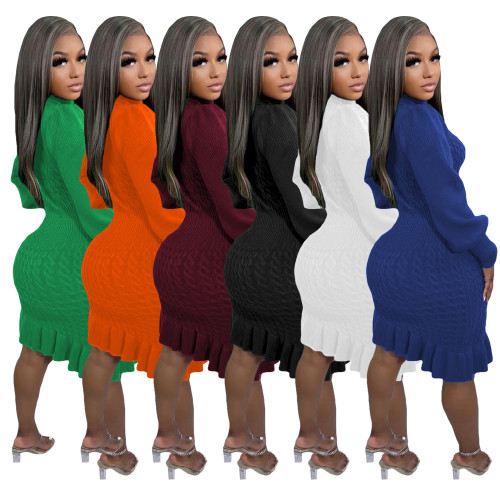 Casual Solid Basic Sweater Turtleneck Ruffle Hand-Knit Long Sleeve Dresses