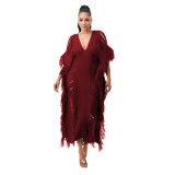 Solid Color Manual Knitted Sheer Fringed Dress