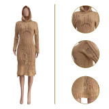 Sexy Hollow Out Hole Sweater Dress Fall Solid Color Hoodie Midi Women Knit Dress