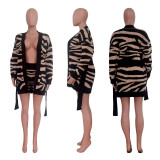 Autumn 2 Pieces Sets Sweater Outfit Manual Knitted Leopard Coat Shorts with Belt