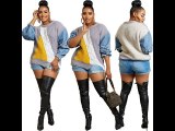 Womens Denim Patchwork Knitted Pullover Stitching Sweater